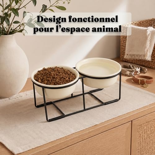 Gamelle chien surélevée céramique double beige 2x720ml