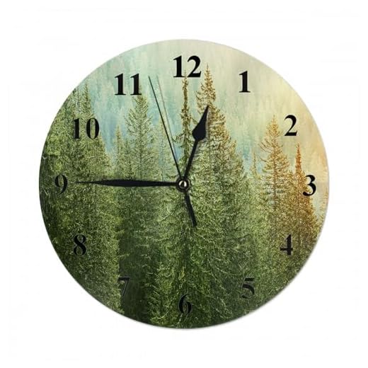 Fir Pine Trees Wall Clock Healthy Green Trees Inaforest of Old Spruce Farmhouse Unique Large Clock Wall Battery Operated Silent Non-Ticking Decoration, 10 Inch, A1221