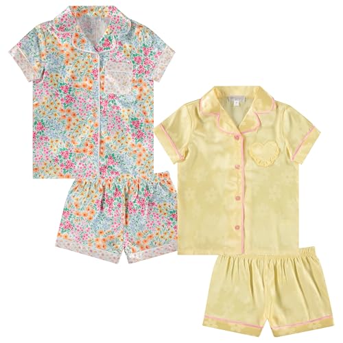 BTween Girls Satin Pajama Set 4 Pack, Short Sleeve Button-Down Sleepwear for Kids, Soft and Breathable Nightwear