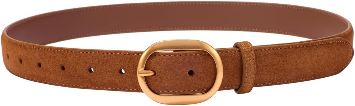 Womens Leather Suede Belt Brown Waist Belt for Casual Dress Jeans Ladies Genuine Leather Gold Buckle Belt