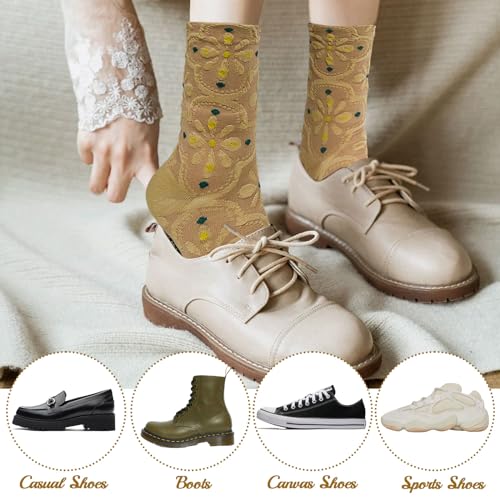Image of 5 Pairs Vintage Patterned Crew Socks Floral Cotton Socks Warm Socks Thick Soft Socks Gifts for Women