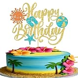 Rsstarxi 1パック サマービーチ ハッピーバースデー ケーキトッパー スリッパ 日傘 ヒトデ サマー プール ケーキ ピック ハワイアン ホリデー プール テーマ 誕生日パーティー ケーキデコレーション ゴールド