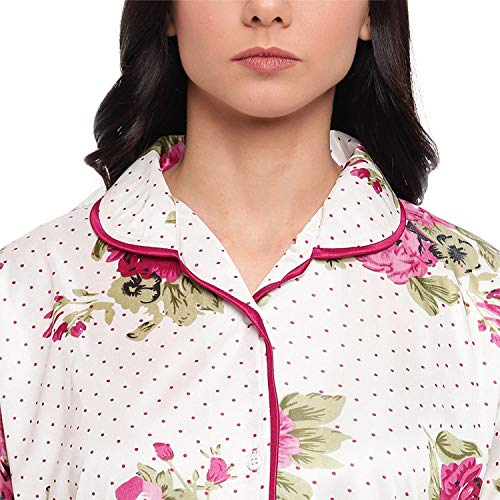Image of Printed Night Suit for Women - Flower Print Satin Shirt and Pyjama Set (Front Open Collar Night Suit)