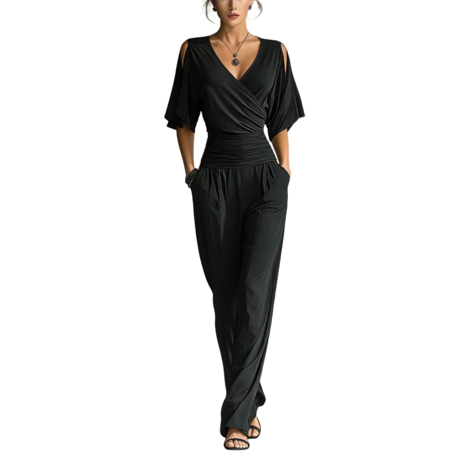 FUPODD Damen Jumpsuit Sommer Eleganter Overall Lang Weites Bein Hosenanzug Damen Festlich Elegant Jumpsuits Hochzeitsgast Playsuit Leicht Kurzarm Romper Frauen Schicke Onesie V Ausschnitt Einteiler
