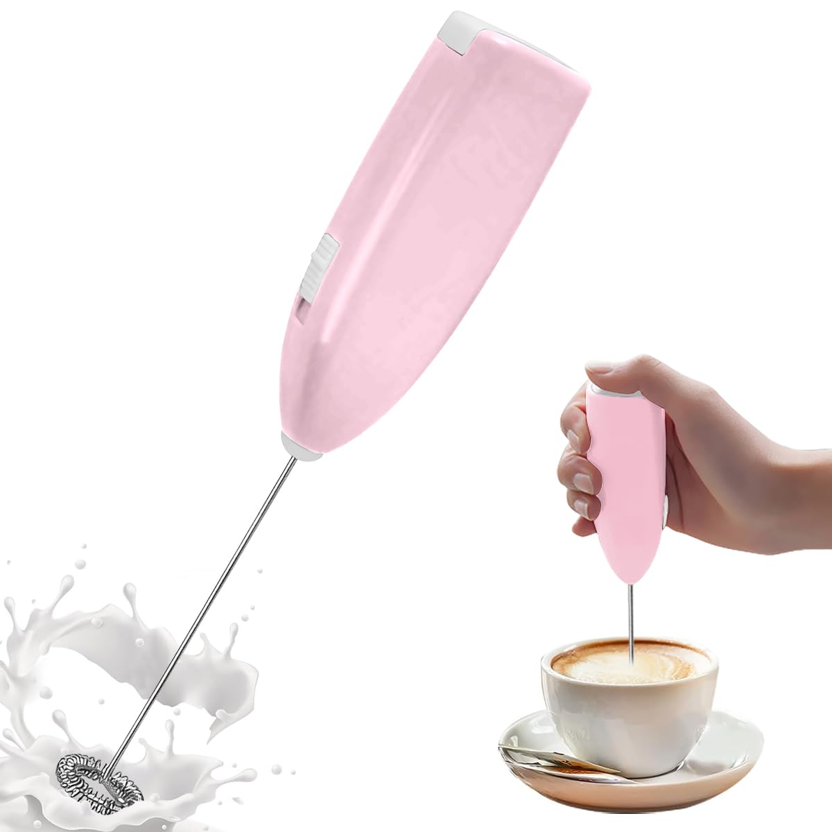 NIUAWASA Powerful Milk Frother Handheld Small Hand Held Drink Mixer Wand Electric Immersion Blender Cordless for Coffee Latte Cappuccino Matcha Hot Chocolate (Pink)