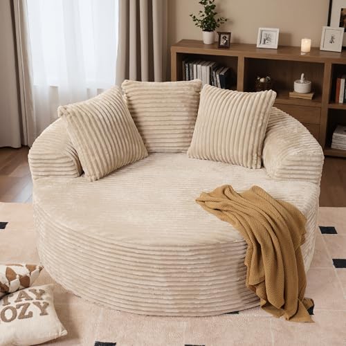 Image of HOOOWOOO Cloud Round Couch for Living Room,Oversized Single Sofa No Assembly,Matching Plush Corduroy Chaise Lounge Accent Chair for 1 to 2 Persons(Beige)