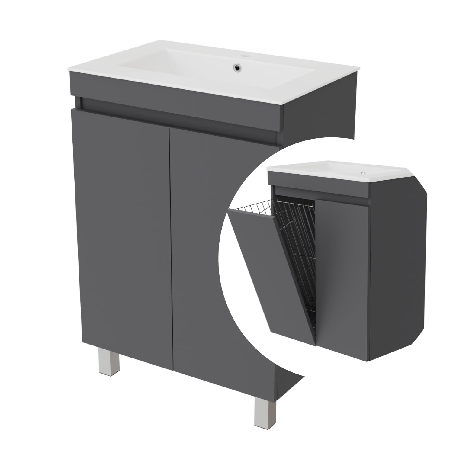 Waschbecken mit Unterschrank Ribera, Hängend oder Stehend, Waschtisch mit Unterschrank für Badezimmer, Wäschekorb, Wäscheschrank, Zusatzböden, 2 Soft-Close-Türen (Anthrazit, 60 cm)