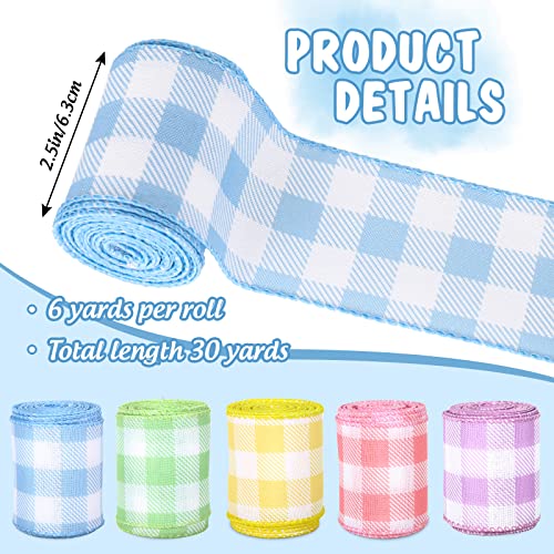 Anydesign Spring Wired Edge Ribbon 30 Yards Pastel Buffalo Plaids Craft Ribbon Light Blue Yellow Pink Purple Green Decorative Fabric Ribbon For Easter Wreath Bow Making Diy Crafts Wrapping, 5 Roll #TOP1