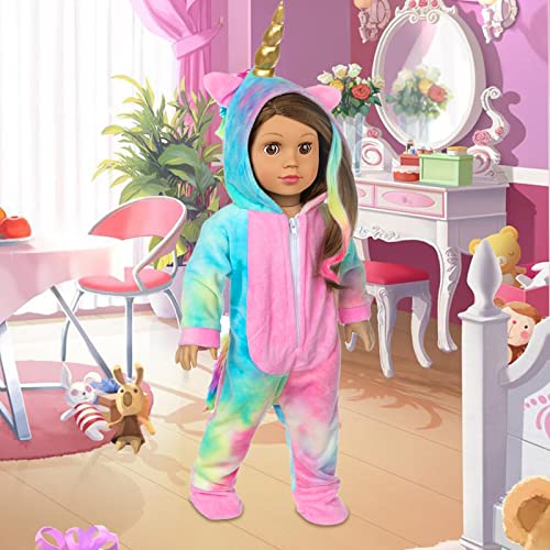 Bddoll 18 Inch Doll Clothes-Rainbow Unicorn Doll Costume Onesie Pajama With Hair Bows Little Angel Wings Fits 18 Inch Girl Doll Accessories #TOP6