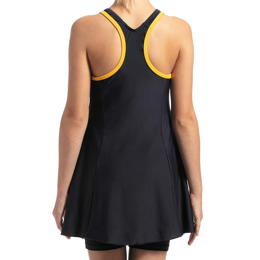 Speedo Girl's Endurance 10 High Chlorine Resistant UPF 40+ Sun Protection Racerback Swimdress with Boyleg - True Navy & Mango 2