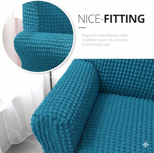 Image of Bails Sofa Cover 1 Seater Fully Covered | Sofa Cover 3 Seater Fully Covered | Sofa Cover 1 Seater | Universal Elastic Bubble Fabric with Frill Sofa Protector Cover (Turquoise, 1 Seater)