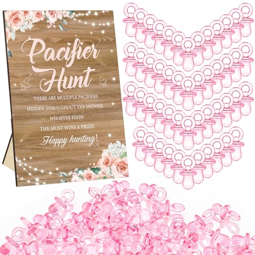 Image of Thyle 51 Pcs Rustic Girl Baby Shower Game Floral Pacifier Hunt Sign and 50 Acrylic Pacifiers for a Sweet Little Girl Is on Her Way Baby Shower Decorations Floral Gender Reveal Pregnancy Party Supplies