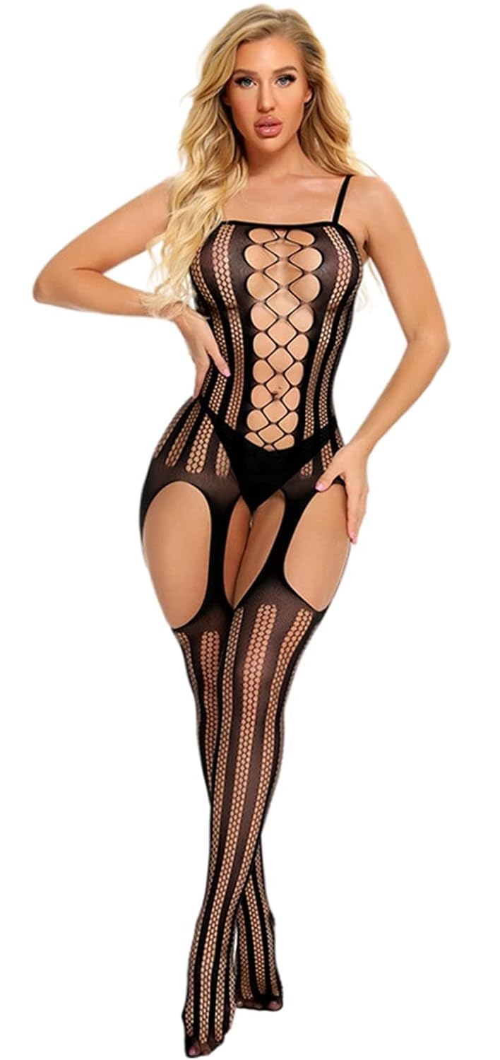 Bommi Fairy Women's Black Fishnet Chemise Bobystocking Babydoll Bodysuit Chemise Nightwear Perspective Lingerie Mini Dress Free Size (Black)
