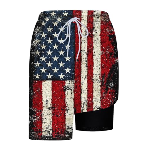 American Flag Swim Trunks for Men with Compression Liner Patriotic 4th of July Quick Dry 2 in 1 Beach Board Shorts 6