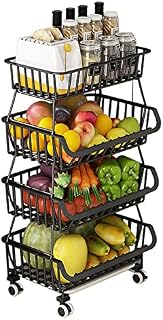 BRIAN & DANY 4 Tier Vegetable Storage Rack, Stackable Fruit Baskets Stand with Lockable Casters and 5 S-Hooks for Kitchen, Pantry, Bathroom, Garage