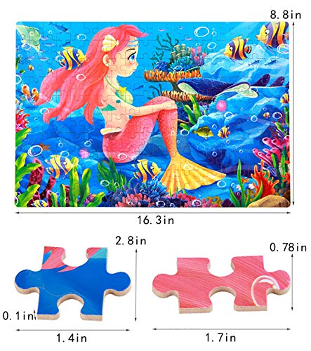 Aimeio 200 Pieces Wooden Mermiad Jigsaw Puzzle Kids Educational Puzzles Toys to Develop Dexterity and Problem Solving with Metal Storage Box