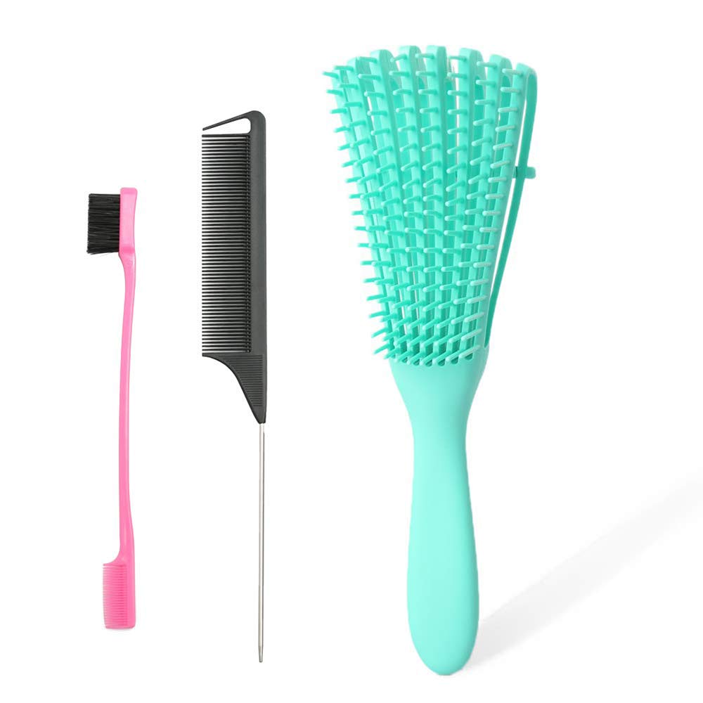 ELECDON Detangling Brush Set, Detangler Brush, Edge Brush and Rat Tail Comb, Tender Headed Hair Comb Brushes without Pulling, Easily Works for African Hair Textured Wet/ Dry/ Thick/ Long Hair 3Pcs