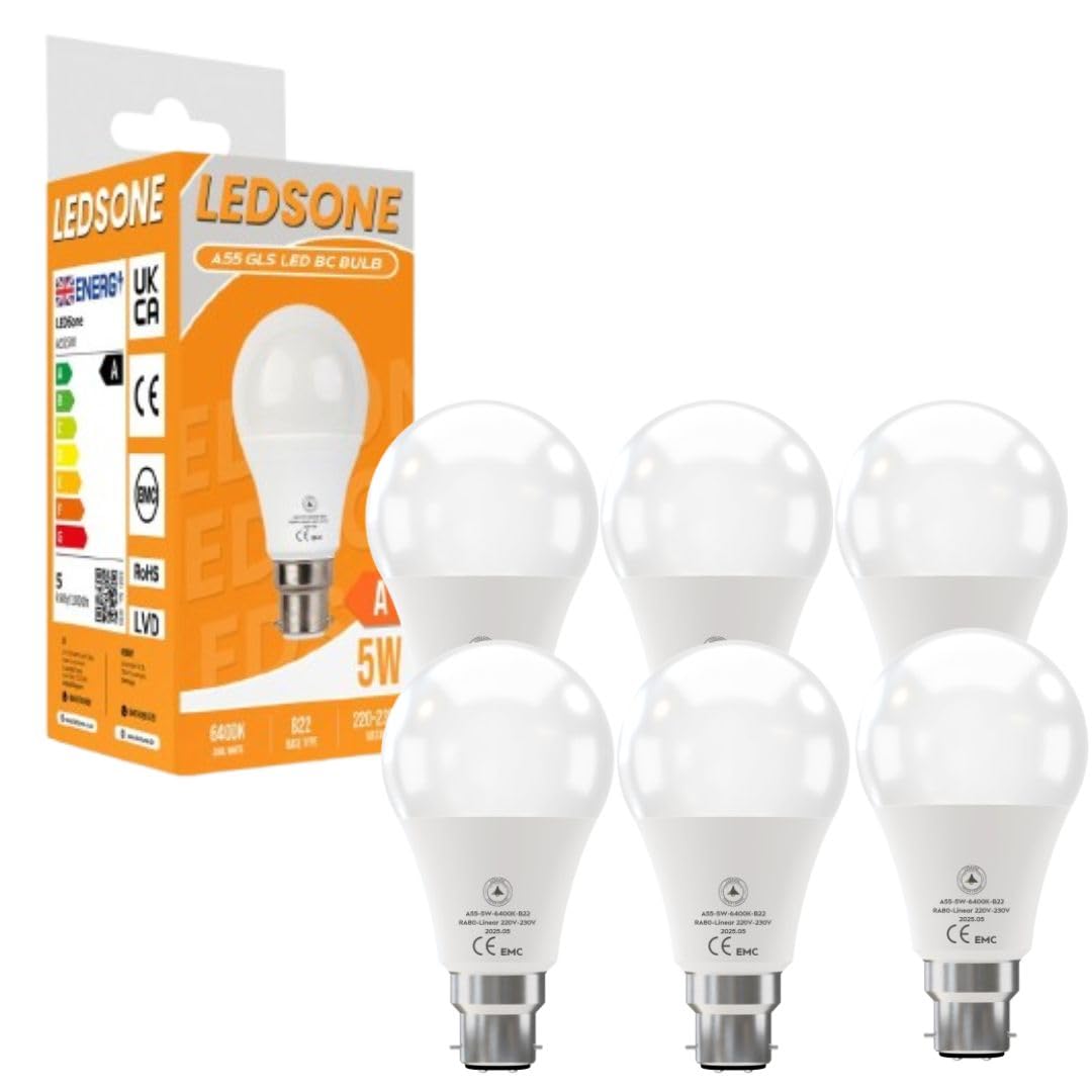 Pack 6, LED Bayonet GLS A55 Light Bulbs, 5W (Equivalent to 50W) Non-Dimmable 6400K Cool White BC B22 LED Bulb 450 lmn Modern Golf Ball Energy Saving Light Bulb for Home Decoration [Energy Class A +]
