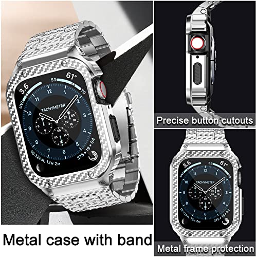 Image of MioHHR Stainless Steel Band and Case Compatible with Apple Watch 38 /40 /41mm | Men Metal Protective Bumper Cover with Straps for iWatch Series 9 8 7 6 5 4 3 2 1, SE3, SE2, SE, Silver Pattern