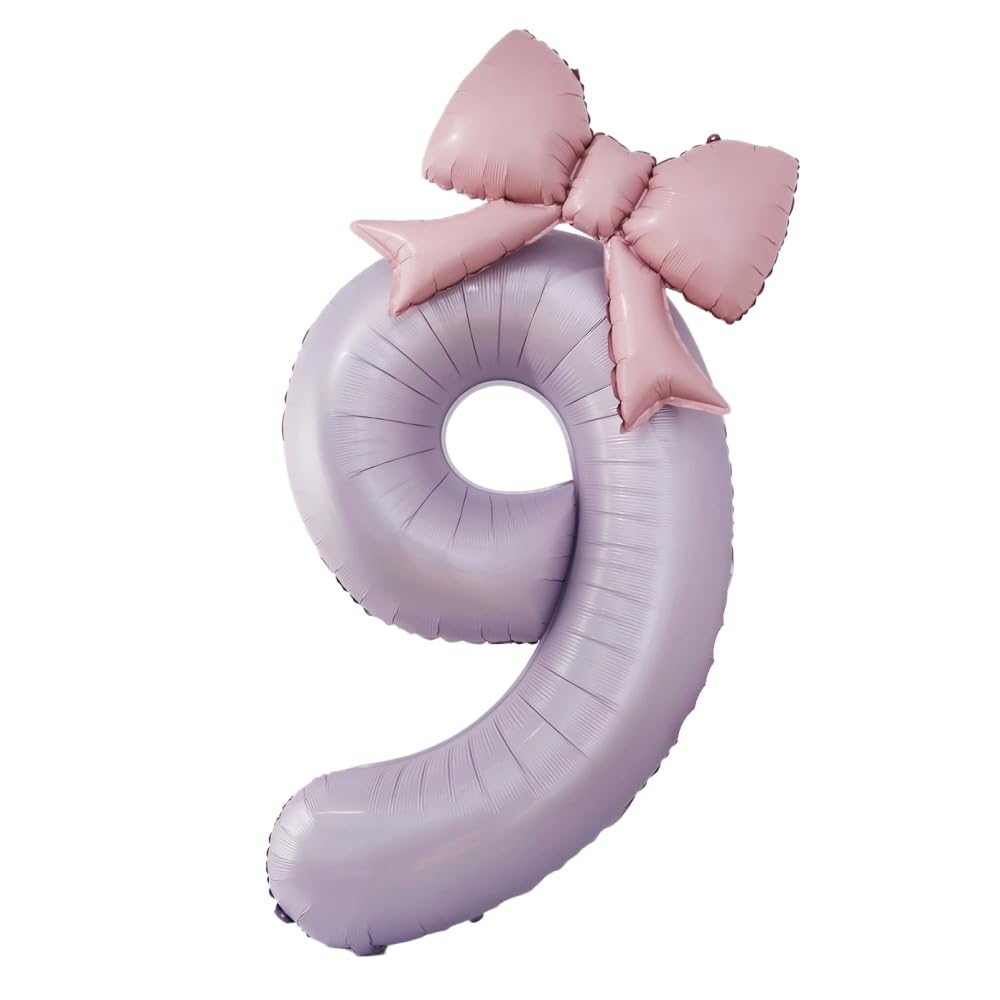 FASHION YO 40'' Pink Number with Bow Balloon, Self Inflating Foil Light Pink Set 0-9, Pastel Pink Helium Balloon for Girls Birthday Party Decorations Anniversary Supplies (Purple, Number 9)