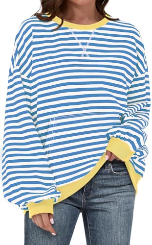 UEU Women Striped Oversized Sweatshirt Color Block Long Sleeve Shirt Casual Fall Crew Neck Pullover Top BlueStriped Small