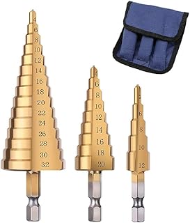 Fixinus 3 Pack HSS Titanium Coated Step Drill Bit Set, 1/4" Hex Shank Quick Change High Speed Steel Cone Drill Bits for Wood, Plastic, Sheet Metal Hole Drilling - Metric 4-12mm/4-20mm/4-32mm