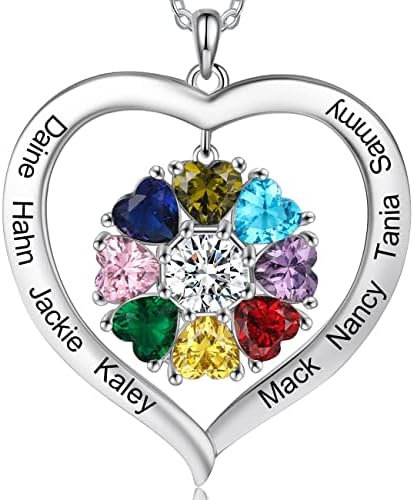 Wendy Made Personalized Mothers Necklace with 1-8 Names for Up to 8 Child Names Necklace Mother Daughter BFF Name Necklace with 1-8 Simulated Birthstones Big Family Mom Grandmother Necklace (8 Names)