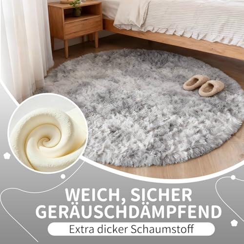VOFUSHON Teppich Rund 100 cm Hellgrau Waschbar Rutschfester Hochflor Runder Teppich Kinderzimmer Weich Flauschig Rug