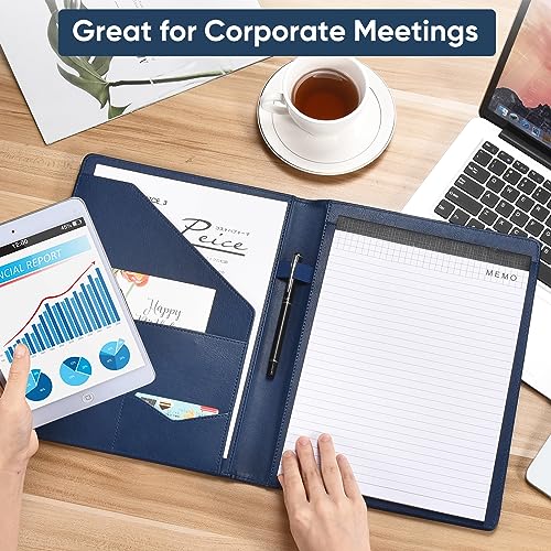 Image of Pacific Mailer Padfolio Portfolio Leather Binder, Interview Legal Document Organizer, Business Card Holder Included Letter Sized Writing Pad [Blue, Piano Noir Faux Leather Matte Finish]