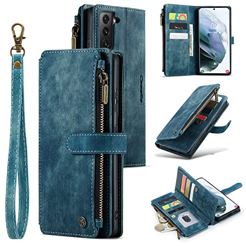 Protection Samsung S21 FE 5G anti-chute avec rangement zippé bleu