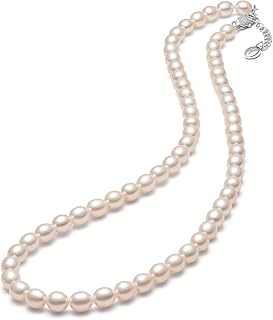 CRANE PEARL Pearl Necklaces for Women White Freshwater Cultured Rice Shape Pear Choker Necklace with Charm 16 Inch Length ...