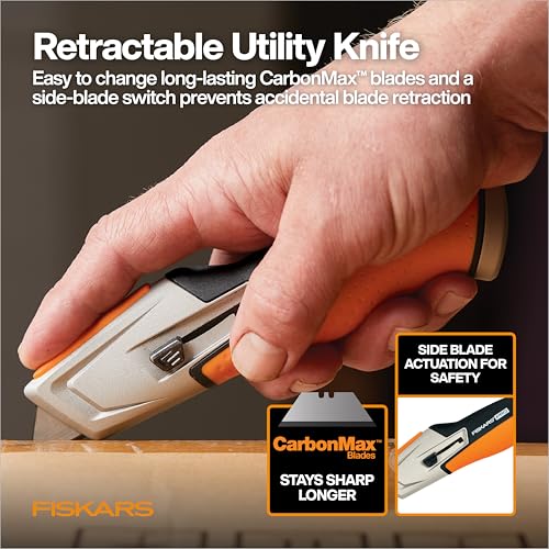 Image of Fiskars Pro Retractable Utility Knife, Heavy Duty Box Cutter with CarbonMax Long-lasting Snap Blade, and Easy Hinge Open with Quick Blade Change and Storage, Orange /Black