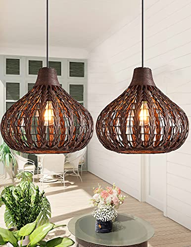 Bamboo Pendant Light Boho Light Fixture Basket Rattan Pendant Lights Chandelier Wicker Lamp Shades Japanese Pendant Lighting for Living Room Bedroom Restaurant Cafe Teahouse DiningRoom 2PCS