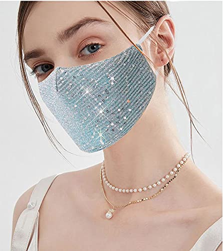 Image of Sparkly Sequins Mouth Masc Fashion Designer Glitter Cotton Face Cover With Adjustable Ear Loops Reusable Masquerade Party Nightclub Rave Festival Sequins Face Covering (Light Blue)