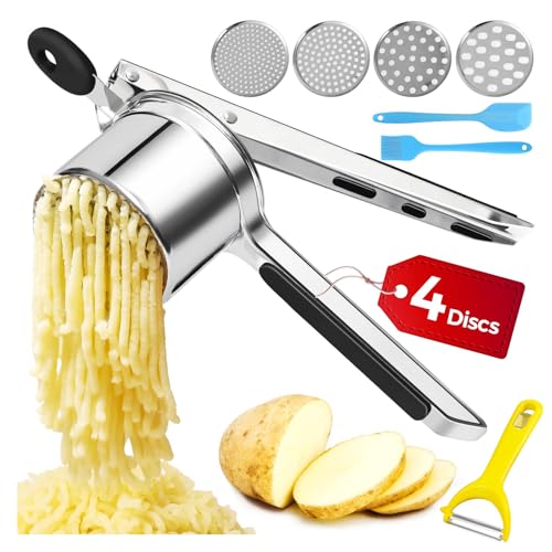 Kartoffelstampfer Edelstahl Kartoffelpresse mit 4 Auswechselbaren Schneidplatten 3 Zubehörteile zur Herstellung von Kartoffelpüree Gemüsepürees Säften Gemüsepressen Spätzlepresse Spülmaschine