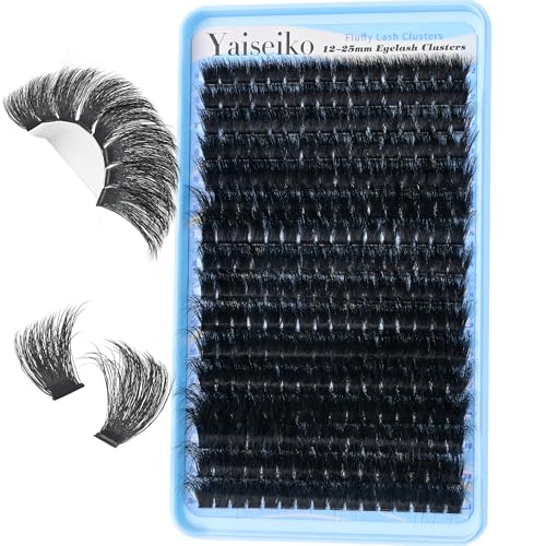 Fluffy Lash Clusters 260D Thick Eyelash Clusters 12-25mm Wispy Individual Mega Volume Lashes D Curl Long Cluster Eyelash Extensions 256Pcs DIY Lash Extension at Home, by Yaiseiko(Plant Fiber)