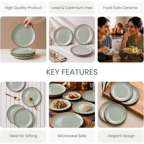 Image of The Earth Store Glossy Mint Marble 7 Inch Ceramic Quarter Plates Set of 4 | Microwave & Dishwasher Safe Plate | Half Plate for Dessert, Snacks, Dinner | Snack Plates for Gifting, Daily Use