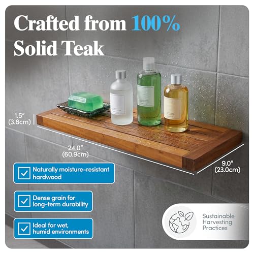 Image of AquaTeak Moa 24 inch Teak Floating Shelf, Wall Mounted, Holds Up to 10 lbs