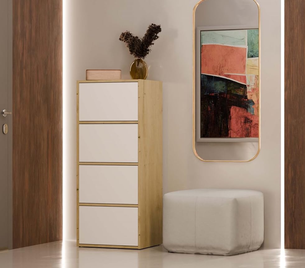 BDW Alma Commode Moderne avec 4 Portes, 50 x 119 x 40 cm, pour Chambre d'enfant, Salon, Couloir, système Tip-on - Artisan Chêne/Blanc