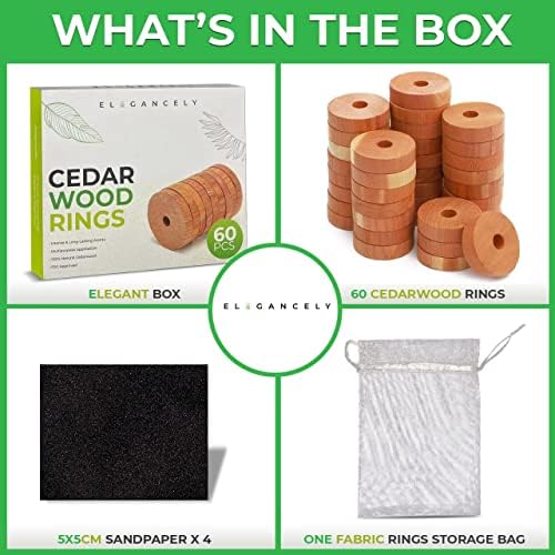 60 Pack Cedarwood Moth Repellent for Wardrobes, 100% Natural Anti Moth 4.5cm Cedar Rings - Substitute to Moth Balls and Humane Moth Killer - Sandpapers & Storage Bag Included