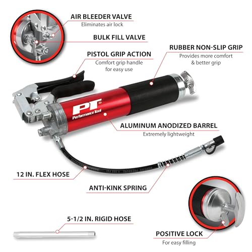 Image of Performance Tool W54291 Lightweight Pistol Grip Grease Gun with Anodized Aluminum Barrel, T-Handle, and 4-Jaw Coupler, Accepts 14 oz Cartridges