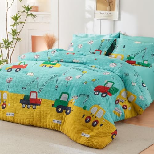 Image of 200 GSM 400 TC Kids Glace Cotton Reversible Cartoon Printed Double Bed King Size Comforter with Matching Bedsheet 90 * 100 with 2 Pillow Covers Set of 4 Pieces (Yellow Bus)