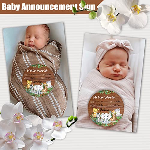 Baby Announcement Sign | Birth Announcement Sign | Wooden Hello World Newborn Sign | Ideal For Newborn Photo Prop | Cute Animal Pattern Baby Name Announcement Sign For Nursery Perfect For New Parents #TOP2