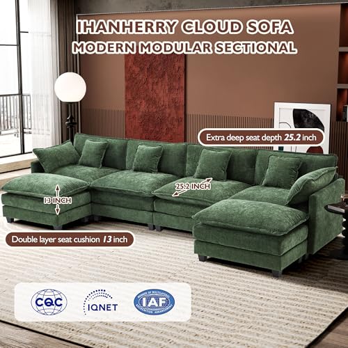Image of Ihanherry 146 inch U-Shaped Modern Sofa Modular Sectional Cloud Couch with 2 Ottoman, 6-Seat Chenille Deep Seat Sofa with 6 Pillows for Living Room, Bedroom and Apartment, Green