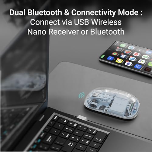 Image of ZEBRONICS Sheer Rechargeable Wireless Mouse, Dual Mode (2.4GHz + BT), Dual Bluetooth, Silent Operation, Transparent Body, RGB, Battery Indicator, for Mac | Laptop | Computer (Blue)