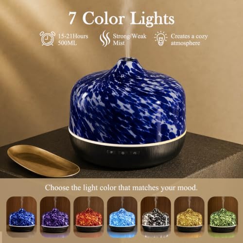 Porseme 500ml Glass Essential Oil Diffuser Aromatherapy Ultrasonic Cool Mist Humidifier 15-21 Running Hours Waterless Auto-Off Air Diffusers for Sleeping Yoga Working Spa(Pongo) — view 3