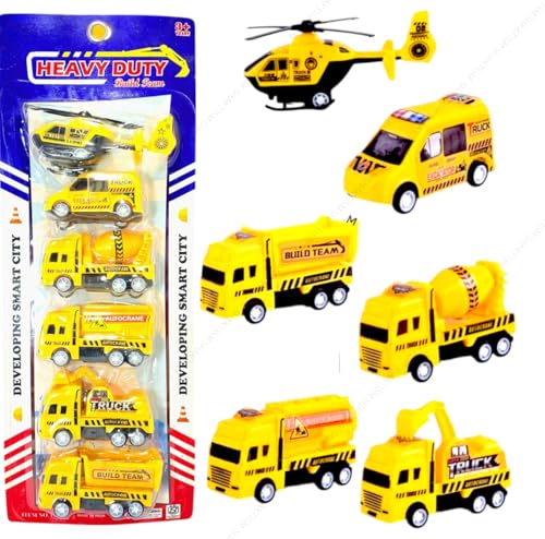Image of SHAKTISM Construction Vehicle Set of 6 Mini Body Models - Durable Construction Truck Toys for Kids 6 PCS Yellow JCB Construction Vehicle Set, Die-Cast Metal Body, Movable Parts