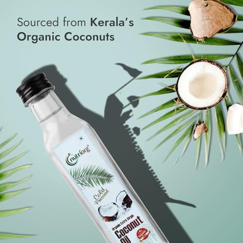 Image of NutriOrg Extra Virgin Coconut Oil 250mL | Cold Pressed, 100% Organic & Pure | Right for Cooking, Massage and oil pulling | Multipurpose use for skin and hair