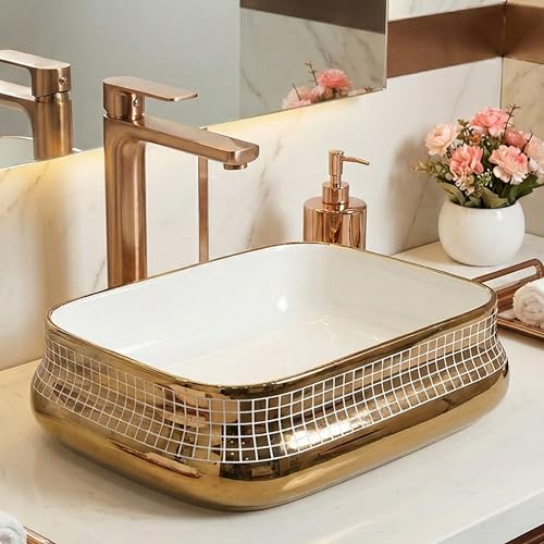 Image of BASSINO 18x14x5 Inches Ceramic Counter Top Wash Basin /1 Year Warranty /White & Rose Gold Basin for Bathroom /Rectangular Shape Tabletop Washbasin for Restaurant /Dining Hall /Living Room /Home(Glossy)