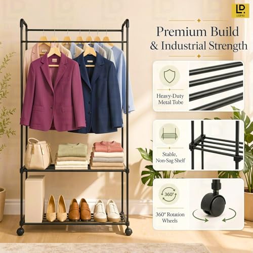 Image of LEOPAX Premium Cloth Rack Stand for Clothes | Double Rod Garment Rack with Shelves & Wheels, Heavy Duty Metal Clothes Organizer, Portable Wardrobe Hanger Stand for Bedroom, Living Room & Closet